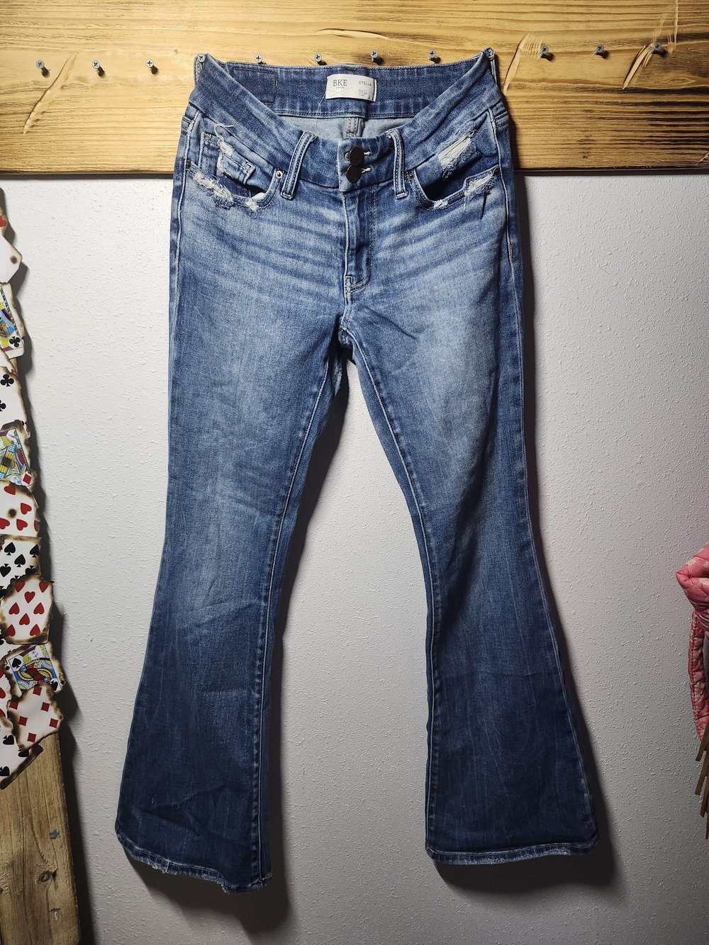 BKE Women's Light Blue Flare Jeans with Subtle Distress